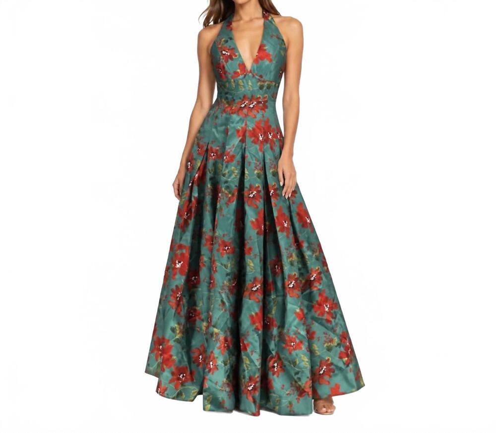NEW HUTCH women's azure romantic vining painted halter maxi gown in blue/brown f